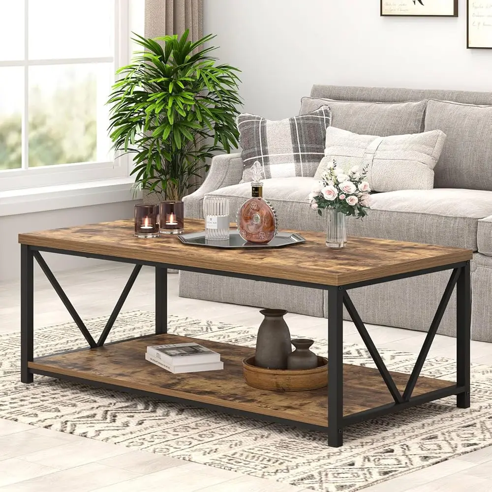 Modern Coffee Table, Rustic Wood And Metal Living Room Table With Storage Shelf, Industrial Rec Center Table, 47 H