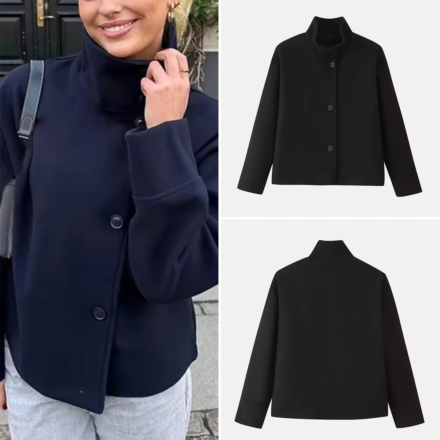 

Новинка осени 2023, женское модное свободное шерстяное пальто с воротником-стойкой на пуговицах, женское пальто из полиэфирного волокна для поездок на работу