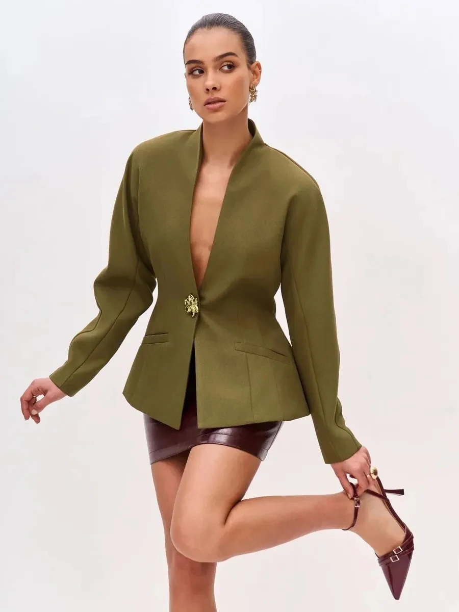 Chic Women Olive Green Blazer Collarless Deep V Single Flower Button Curved Hem Slim Fit Coat