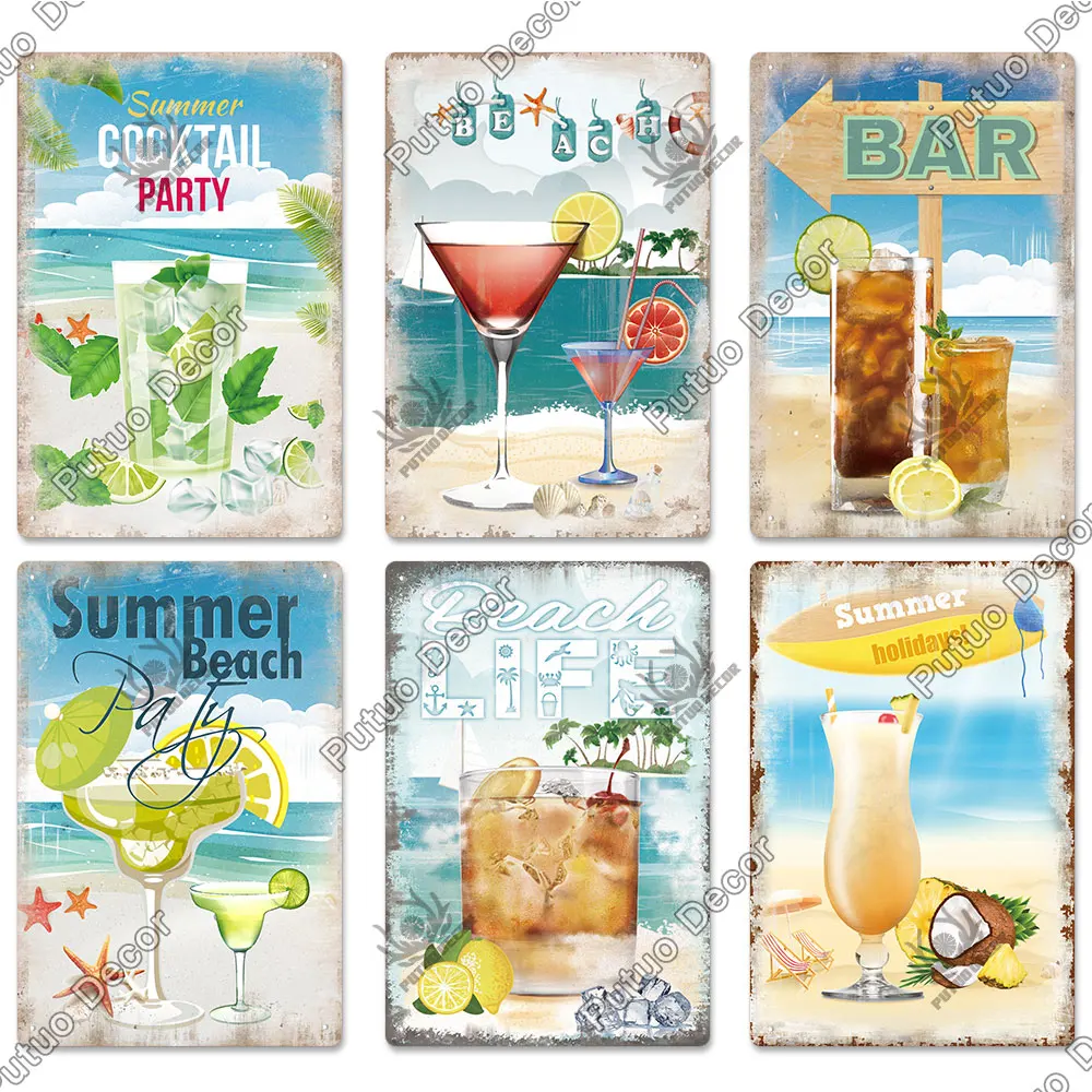 Putuo Decor Summer Beach Vintage Plaque Metal Cocktail Tin Sign Wall Art Decoration Bar Pub Seaside Room House Iron Painting