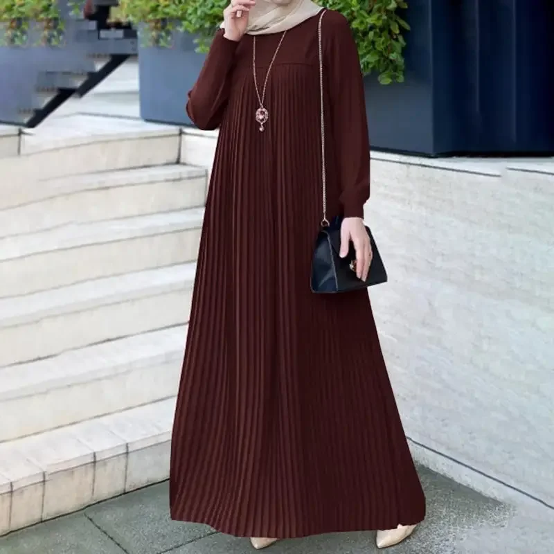 

2024 Muslim Women's Wear Arabic Style Elegant Pleated Skirt Solid Color round Neck Long Sleeve Pleated Dress abayas for women