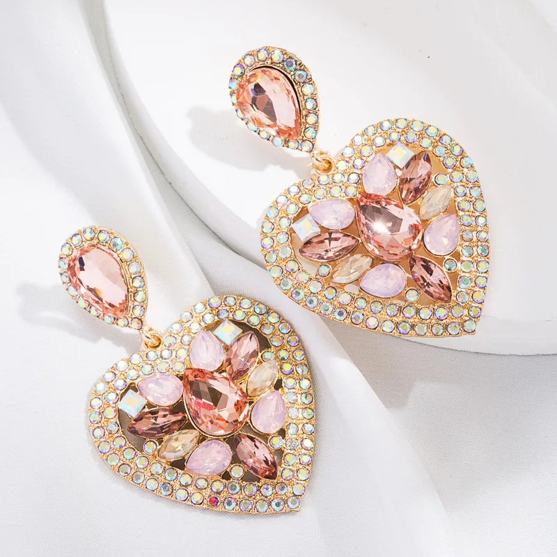 Fashion Wedding Party Jewelry Heart Shaped Colorful Rhinestone Vintage Drop Earrings for Girl Valentine's Day Gift