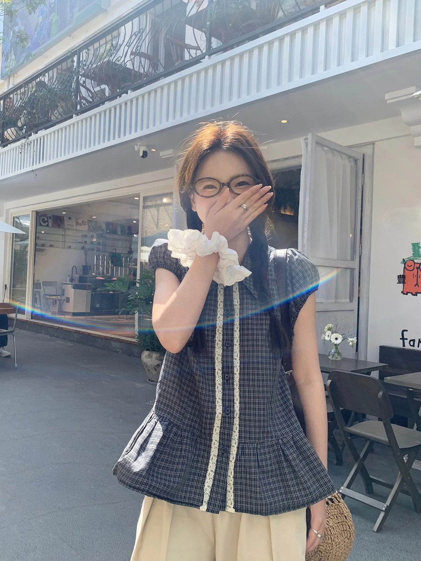 

Женская рубашка в клетку Cheese Rabbit с рукавами-фонариками, летняя, с отложным воротником, кружевным декором, в корейском стиле, хлопковая, с коротким рукавом