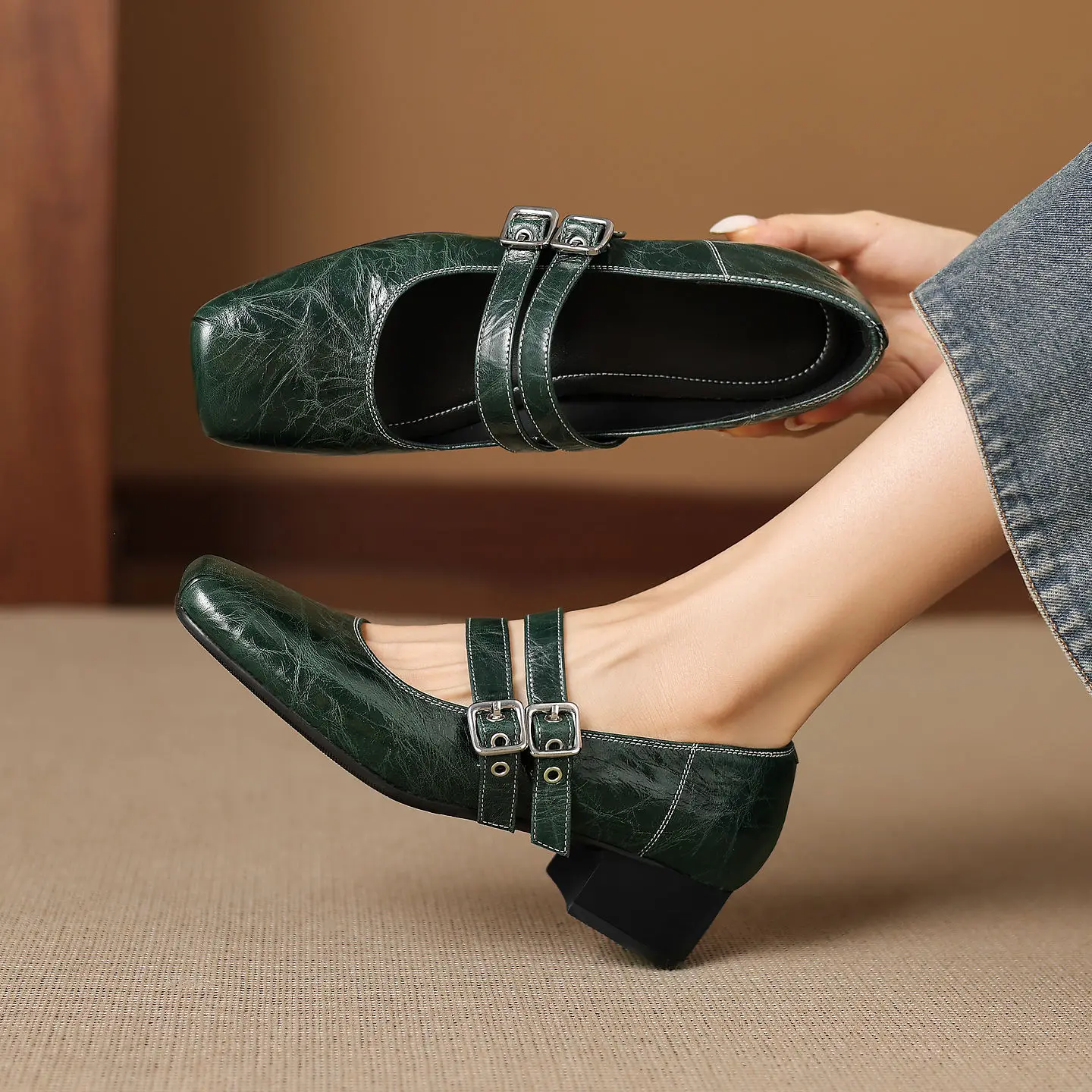 Genuine Leather Sheepskin Women's Shoes,Heel Square Toe Retro Mary Jane Shoes,Fashion Metal Buckle Strap Women Pumps