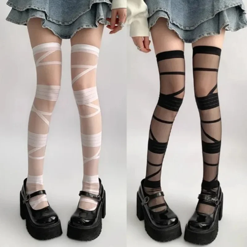 New Women Over Knee Socks JK Lolita Stockings Ultra-thin Transparent Crystal Silk Y2k Girl's Thigh High Sock Bandage Stockings