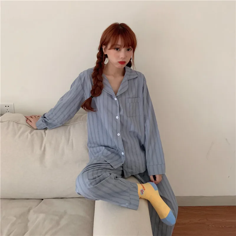 cotton Womens Pajamas set Sleepwear Two Piece Set Pijama long Sleeve Shirt Night Suits Student Pyjama Summer casual Homewear set