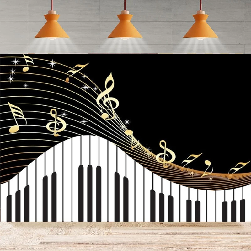 Photography Backdrop For Golden Musical Notes And Piano Keyboard Background For Kids Birthday Party Art Photo Studio  Banner