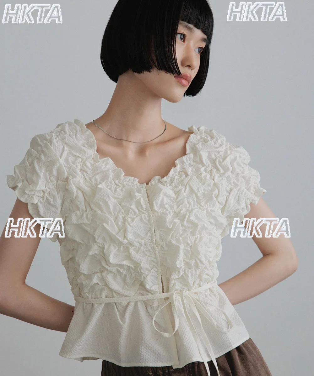 Japanese Autumn Retro Commuter Fungus Pleated Strap Ruffle Short Top Short Sleeve Shirt Ladies French Sweet Lolita Blouses Women