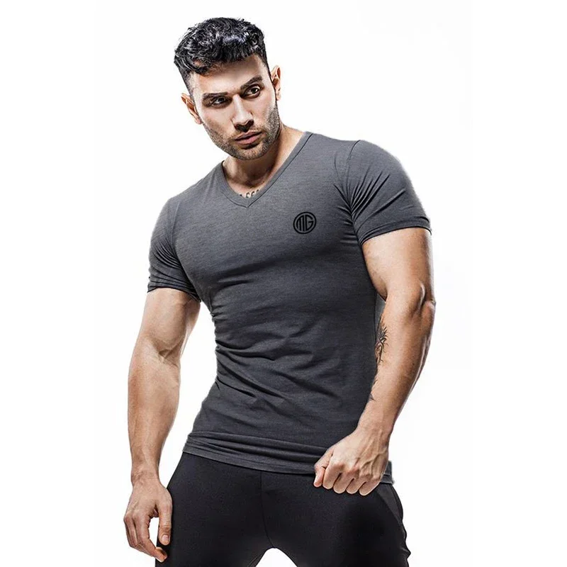 Summer Men Clothing Casual V-neck Shirt Short Sleeve Breathable Cotton T-shirt Male Gym Bodybuilding Muscle Workout Tees Tops