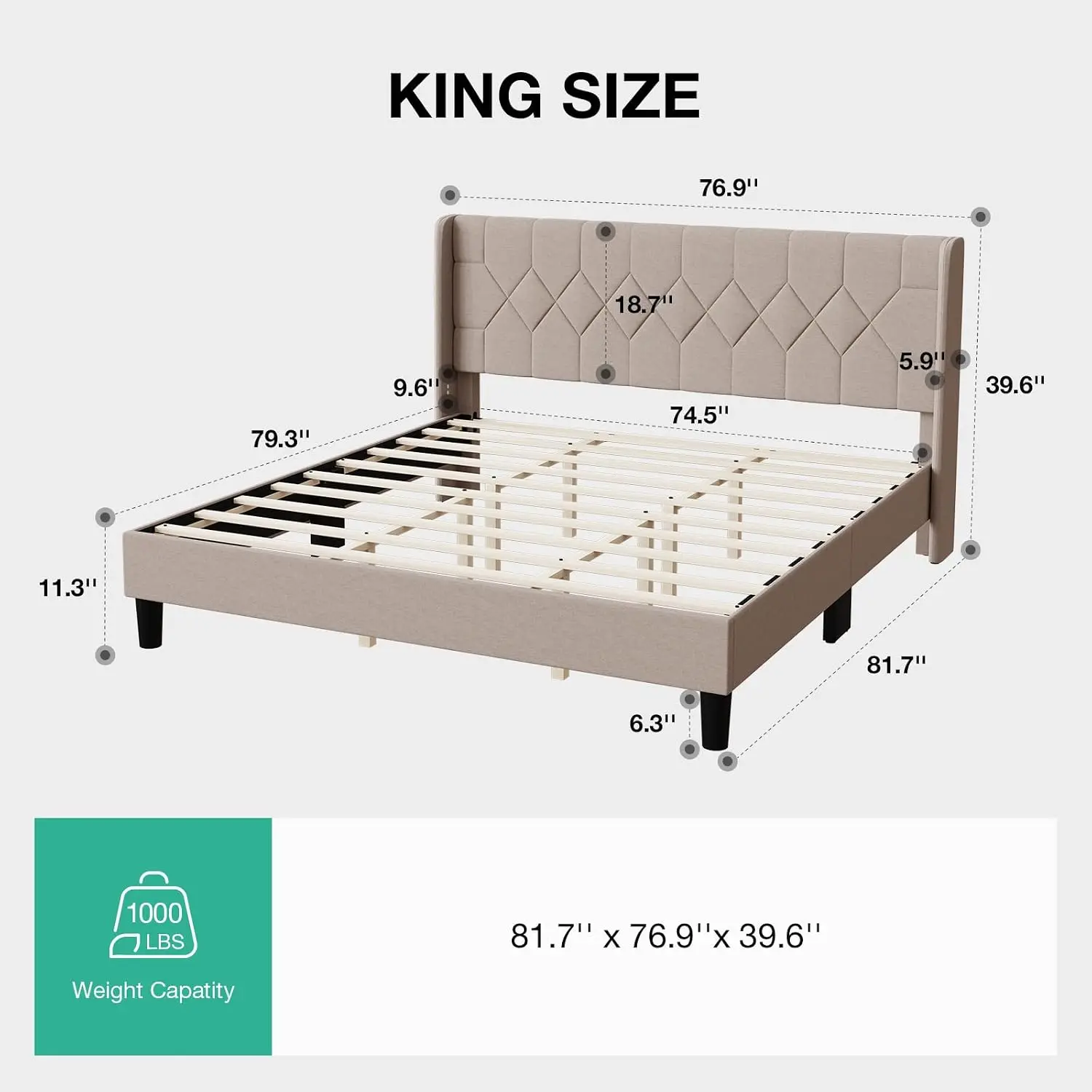 King Bed Frame with Headboard, Beige Linen Upholstered Wing Side Headboard with Pull-Point Accents, Heavy-Duty Feet, No Box Spring Required, Simple to Assemble