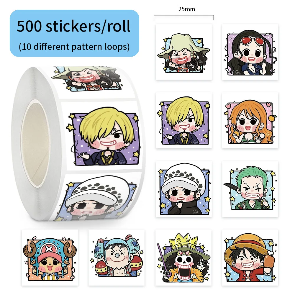 

500pcs/Roll Cartoon Q version of One Piece Roll Sticker Creative Decoration Mobile Phone Case Notebook Water Cup Toy Gift Decals