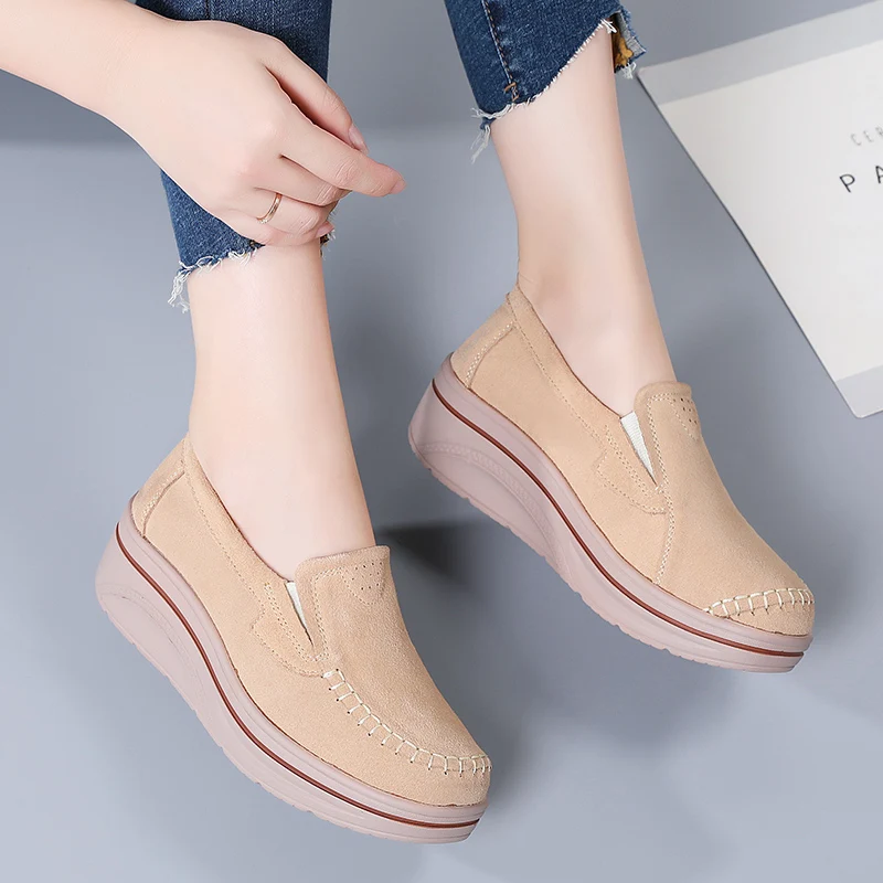 

Spring Suede Cowhide Lazy Loafers Large Size Thick Soled Women's Casual Shoes with Sloping Heels Lazy Soft Sole Single Shoes
