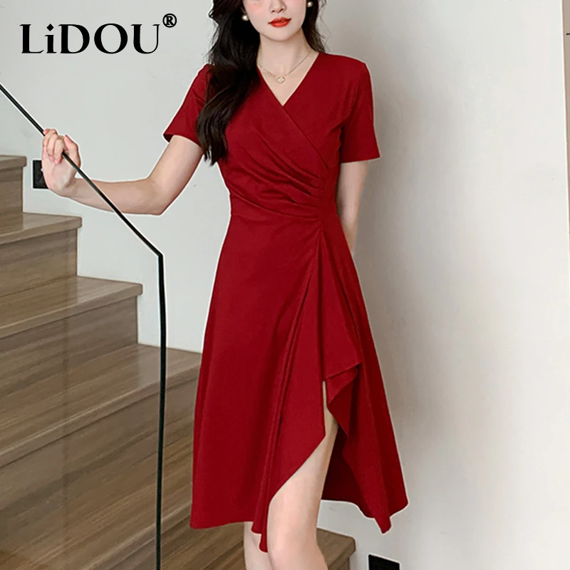 

Summer New V-neck Elegant Fashion Drawstring Bodycon Waist Dress Women Short Sleeve Temperament Evening Party Robe Femme Vestido