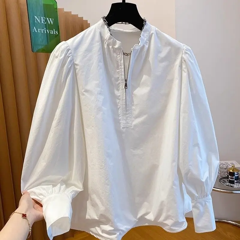 

Белая рубашка с круглым вырезом и длинными рукавами на молнии, осень 2022, новая свободная рубашка, дизайнерский топ для женщин