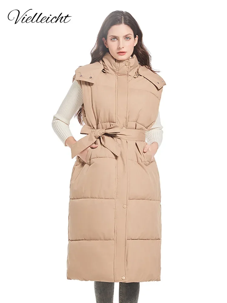 

Vielleicht 2024 New Winter Long Vest Jacket Women Clothes Warm Hooded Zipper Sleeveless Overcoat Loose Bow Tie Sashes Waistcoat