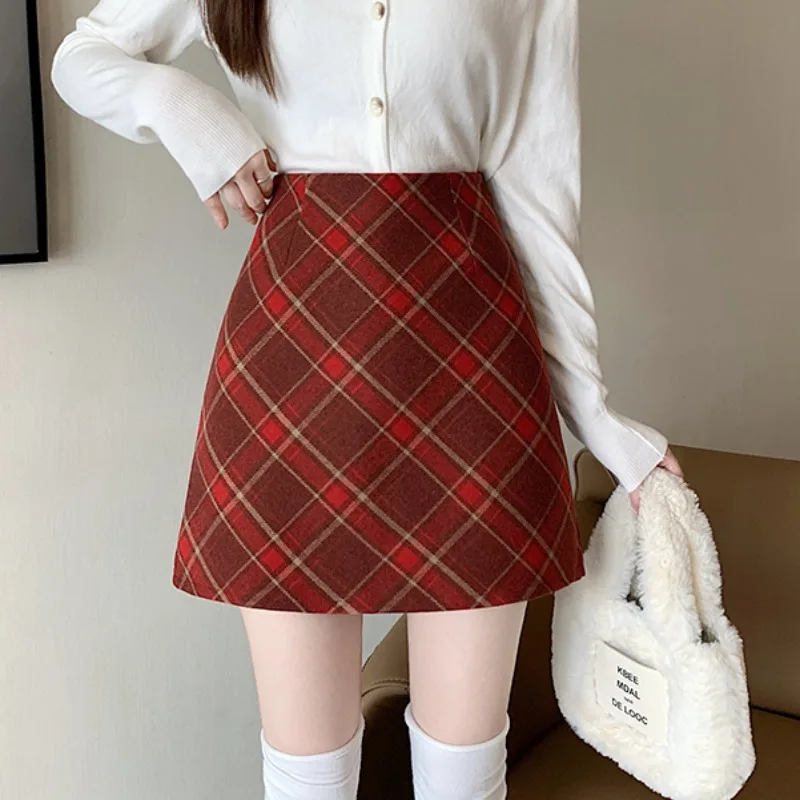 

High Waist A-Line Skirt Women's Chic Warm Plaid Wrap Body Skirt Korean Sle Commute Polyester Fiber ort Skirt