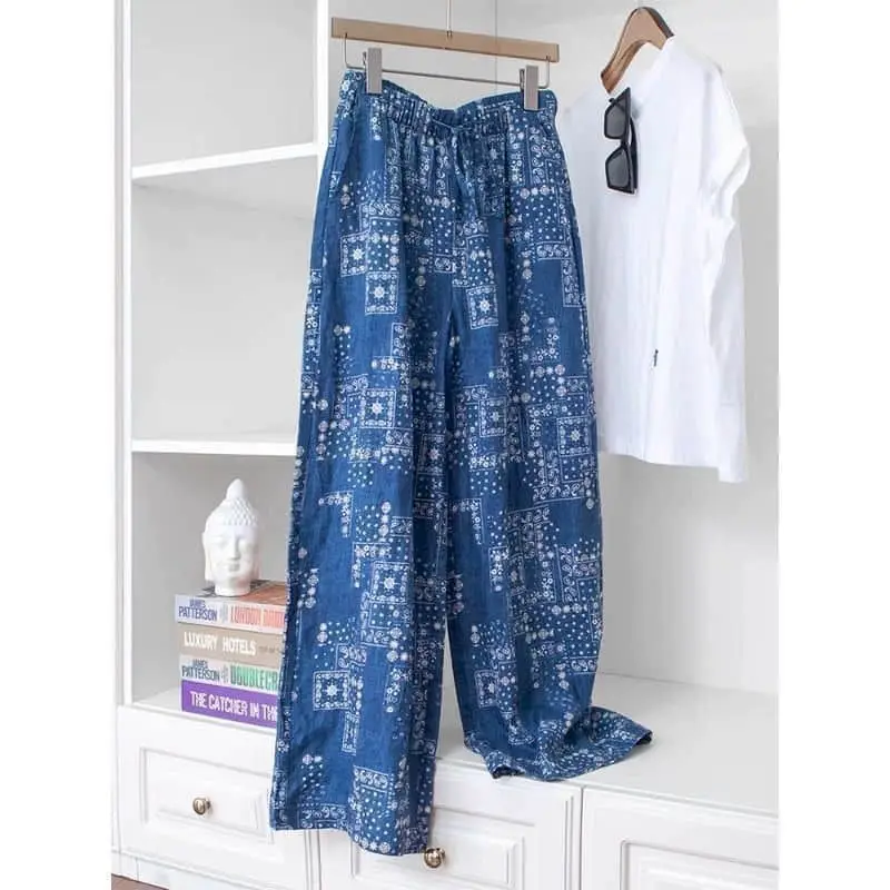 

Women's Pants Vintage Floral Print Wide Leg Pants Summer Thin High Quality Korean Style Elastic Waist Loose Straight Trousers