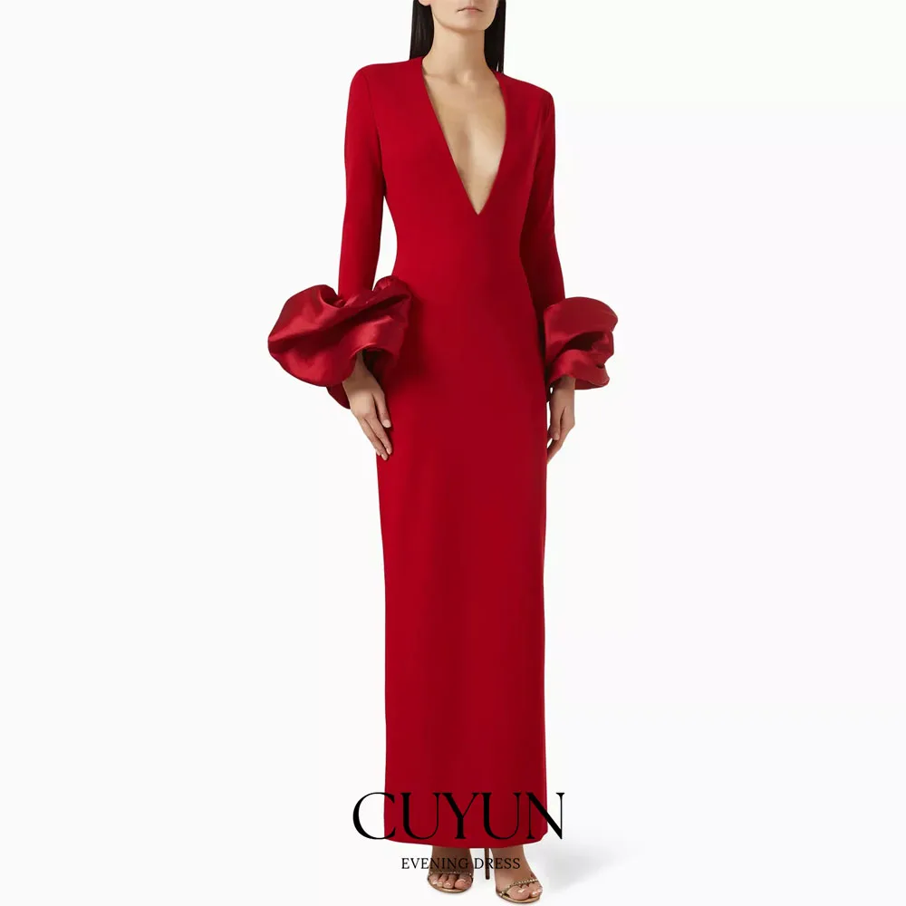 CUYUN Aangepaste Rode Enkellange Vrouwen Feestjurken Diepe V-hals Lange Mouwen Prom Avondjurken Bruiloft Banket Diner