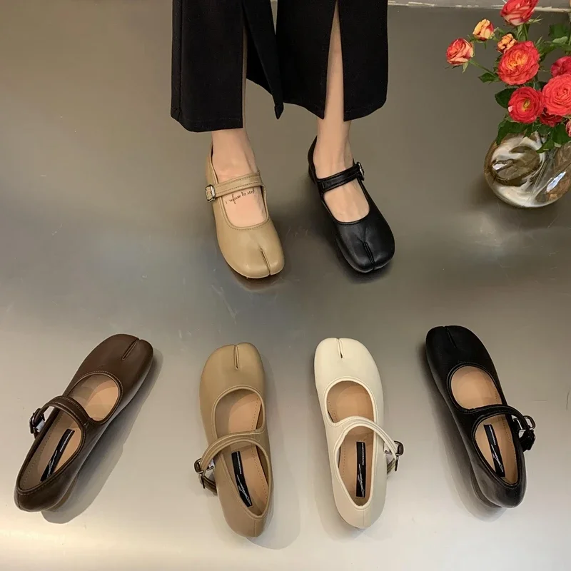 2024 Spring Tabi Ninja Moccasins Round Split Toe Shallow Women Single Shoes Buckle strap Female Casual Soft Mary Janes Shoes