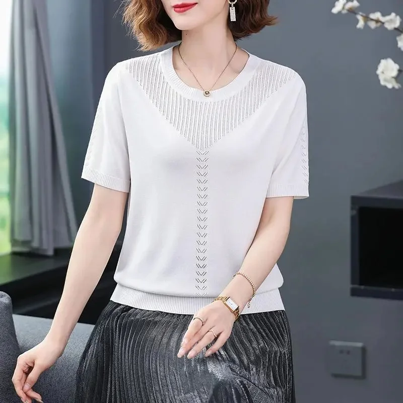 

2024 New Korean Women's Sweater Knit Loose Summer off-Neck Thin O-neck T-shirt Small Length Jumper Short sleeve Bottoming Shirt