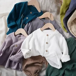 Artistic Style Baby Cotton Linen Long Sleeved Jacket for Boys and Girls Thin Buttoned Solid Color Cardigan