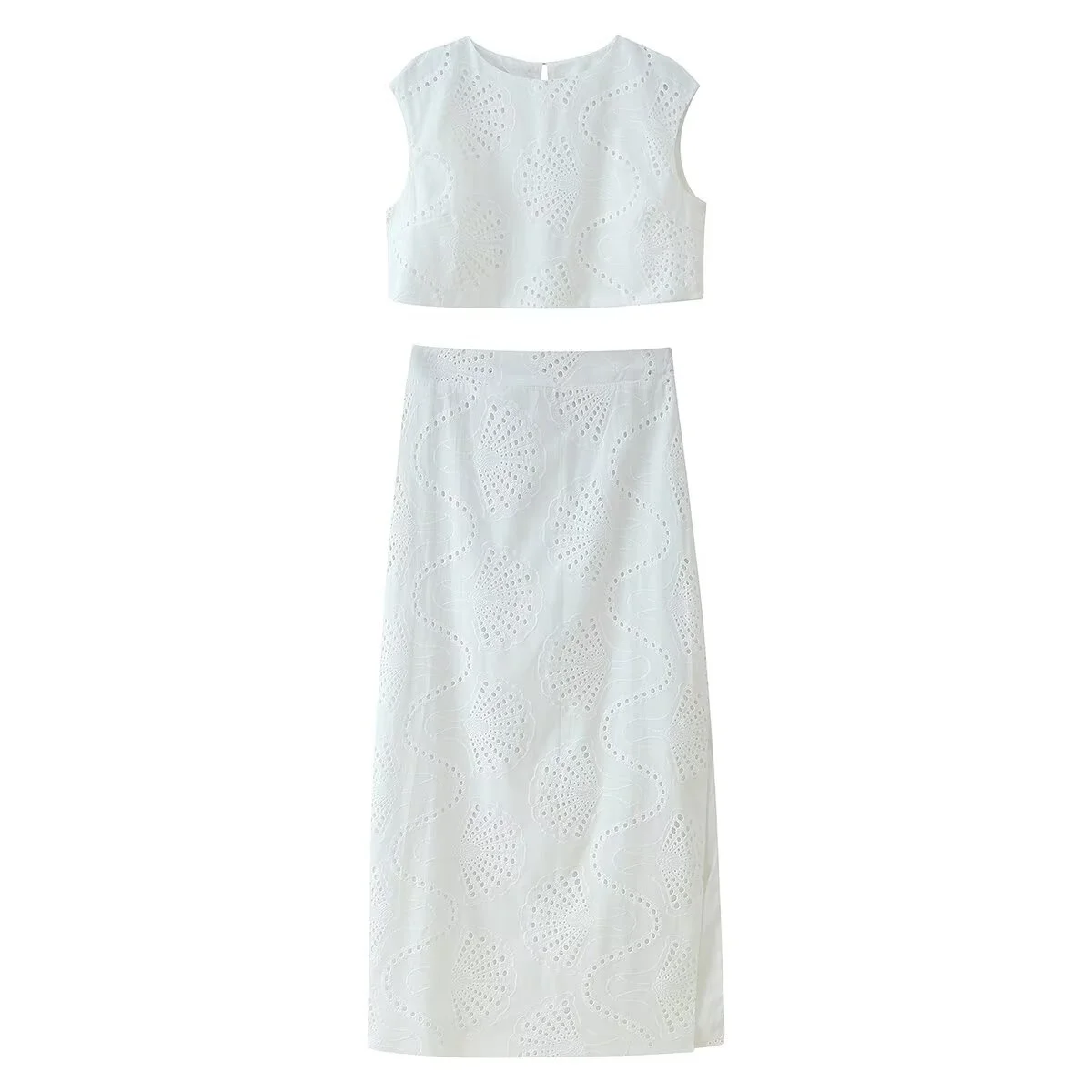 

MYST&ZA Women's Summer New Embroidered Hollow Round Neck Sleeveless Short Tank Top+Embroidered Hollow Mid length Split Skirt