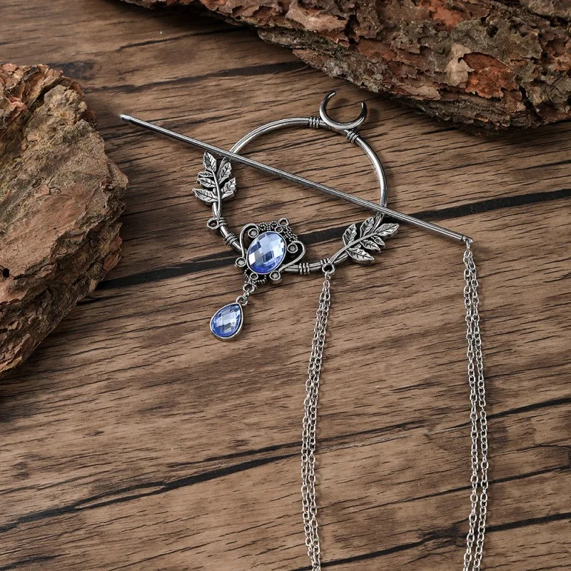 Retro high-end viking nórdico noruega crescente folha strass incrustado liga hairpin com nicho design exclusivo bruxa vara de cabelo