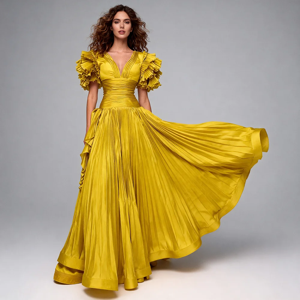 

A Line V Neck Pleated Custom Picture Dress Bespoke Occasion Dresses for Special Occasions Elegant Gowns for Photoshoot YEWEN