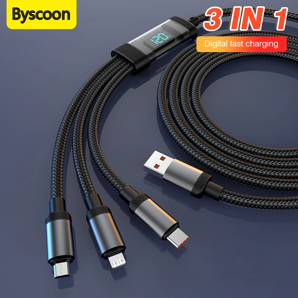 USB-кабель Byscoon 3-в-1 с цифровым дисплеем, быстрая зарядка для iPhone 15 14 Samsung S23 Xiaomi OPPO Разъем Micro USB Type-C