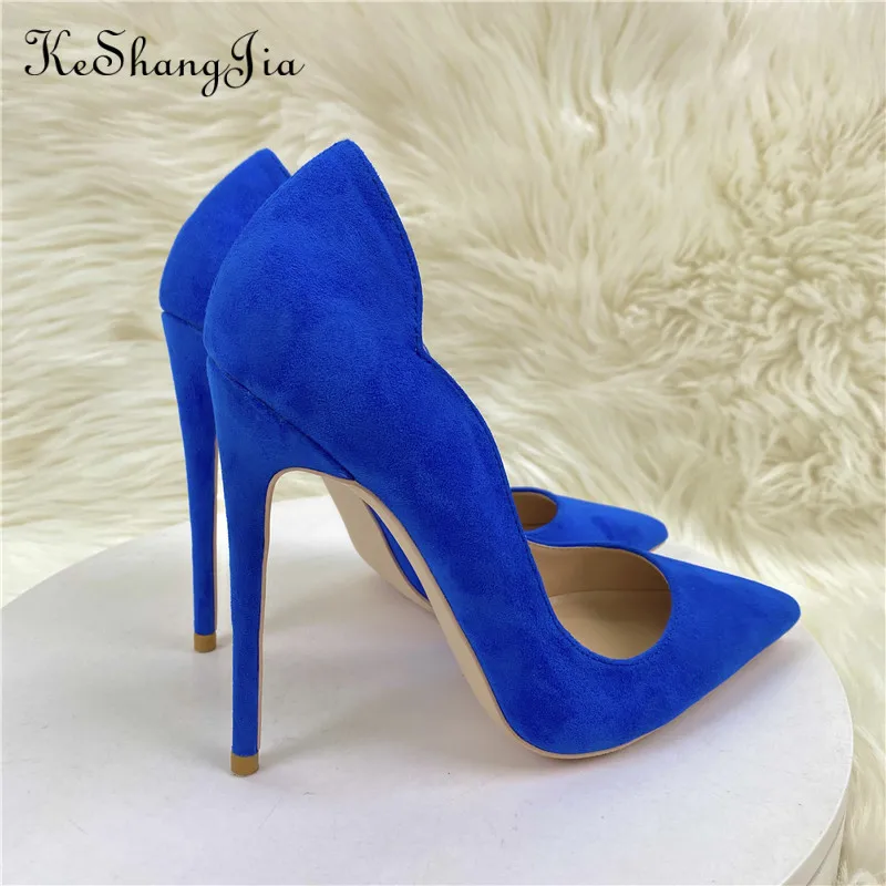 Keshangjia Blue Women Curl Cut Flock Pointy Toe High Heel Shoes 8cm 10cm 12cm Elegant Faux Suede Stiletto  33-45