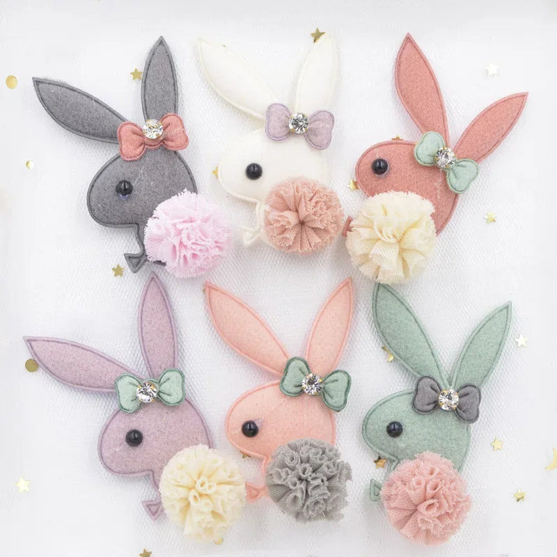Plush Fabric Patch Bow Tie Rhinestone Chiffon Ball Cartoon Rabbit Applique for Clothing Craft Sticker DIY Hair Decor