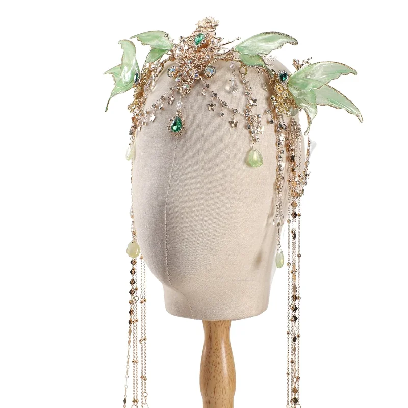 

Головной убор с короной феи-бабочки и эльфа, тиара с крыльями бабочки и кисточкой, эльфийские свадебные аксессуары для Хэллоуина, фантазийные аксессуары для женщин