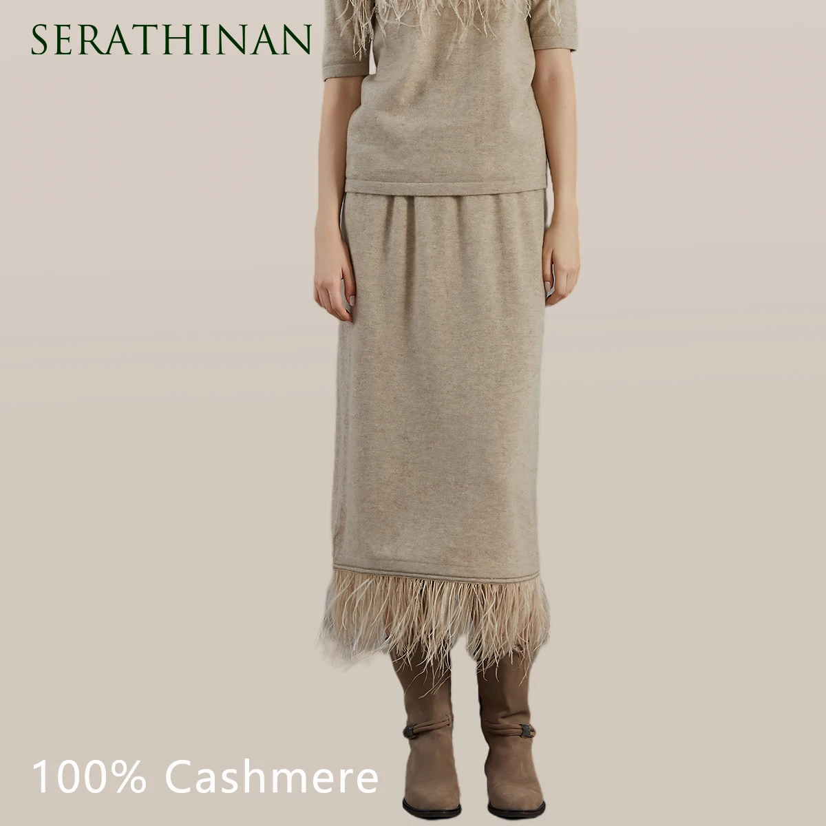 

BC758 High quality luxury women's 100% cashmere ostrich feather tassel trimmed midi skirt