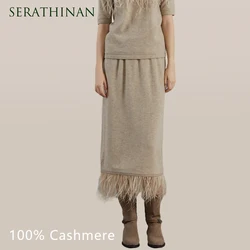 BC758 High quality luxury women's 100% cashmere ostrich feather tassel trimmed midi skirt