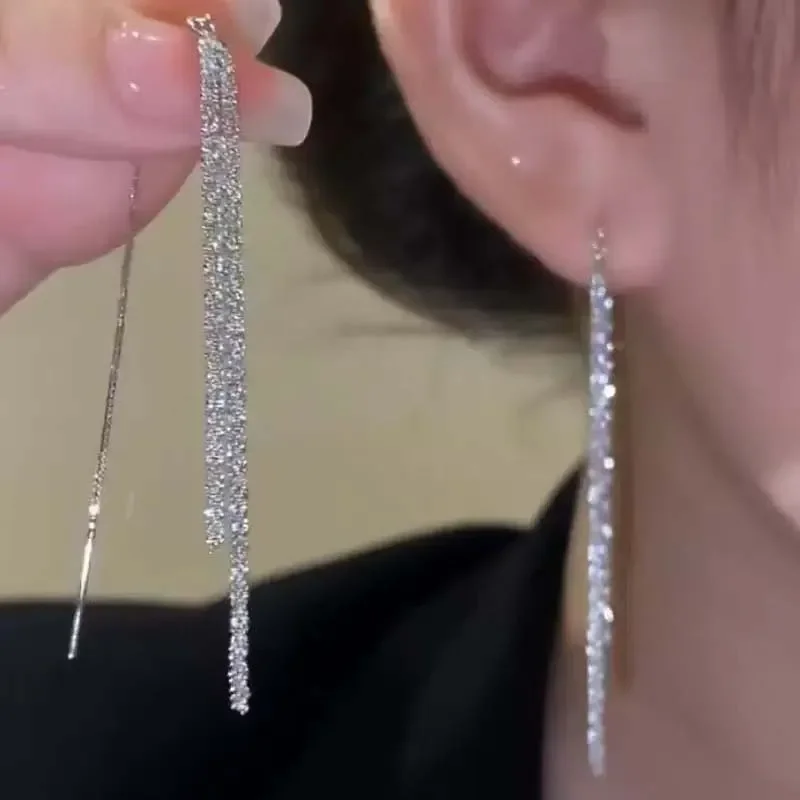 Classic Fashion Long Tassels Shiny Silver Color Drop Dangle Earrings for Women Luxury Wedding Bride Korea Earring Jewelry Gifts