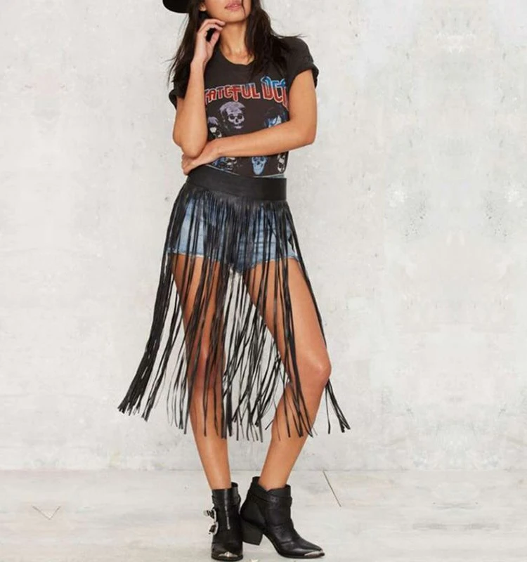 

Сексуальная юбка средней длины с кисточками из искусственной кожи на талии и высокой талией, нерегулярная уличная юбка, однотонная, лето 2023, женская юбка