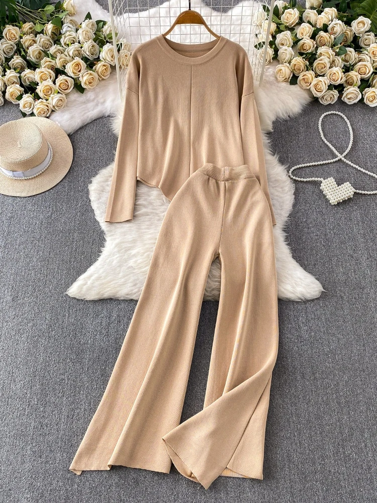 

Korean version lazy style irregular design two-piece set women's loose round neck knitted top high waist wide leg pants