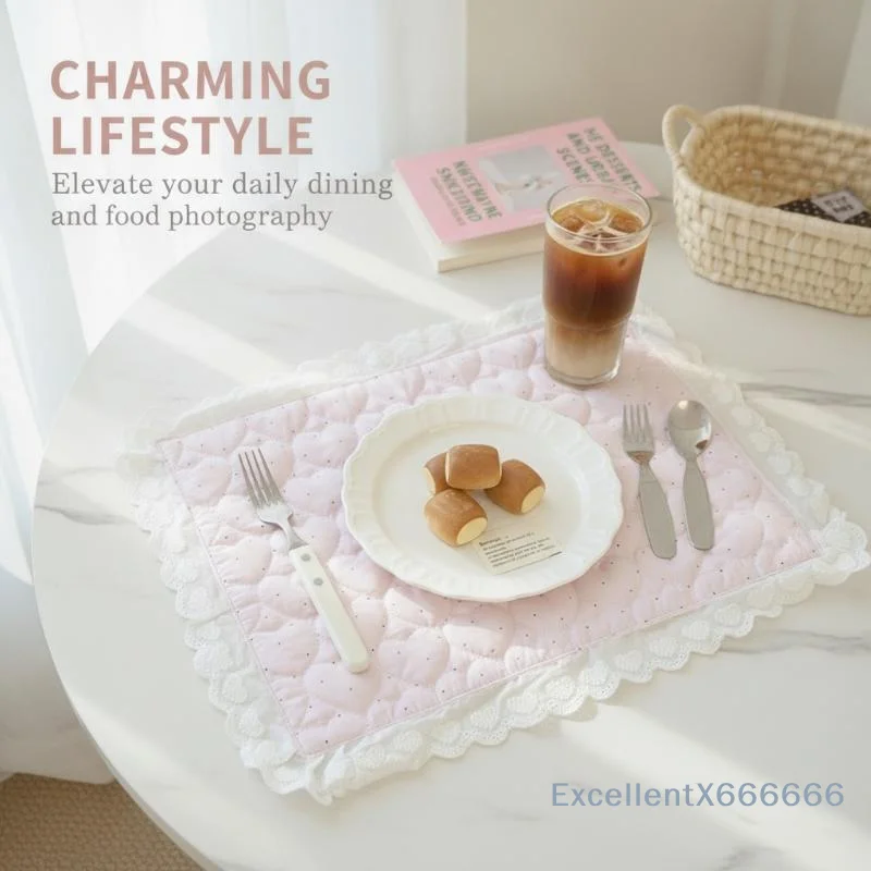 Lace Polka Dot Plaid Table Mat Coaster Set Non-Slip Washable Decorative Placemat for Girl Photo Shoot Dining