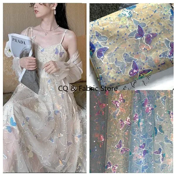 

New Multi-color Sequins Butterfly Mesh Yarn Embroidered Beads Dress Children's Clothing Lace Fabric