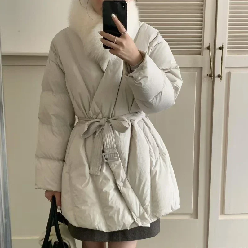 Fox Fur Collar Belted Waist 90% White Duck Down Coat Women Winter Warm Elegant Puffer Jacket