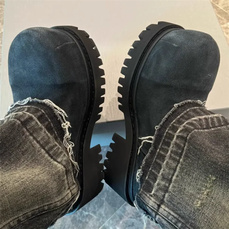 Bota de diseñador negra con cordones y punta redonda para hombre, bota alta a la moda para hombre