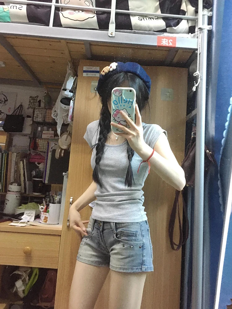 

American High Street Waed Hot Girl Denim orts Women Summer New Retro Slim Low Waist Wrap Body Straight Leg Wide Leg Pants