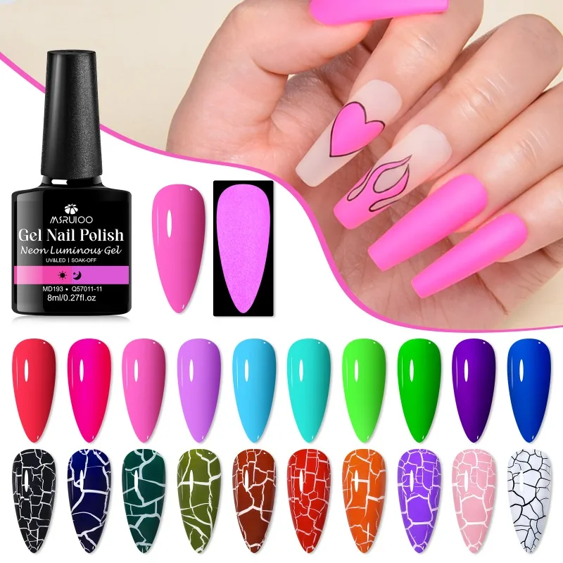 ชุดยาทาเล็บเจลเรืองแสงและเจลแตก 20 ชิ้น ยาทาเล็บเจลกึ่งถาวรแบบลอกได้ด้วยการแช่ ยูวีเจล สำหรับทำเล็บด้วยตัวเอง อุปกรณ์ทำเล็บ