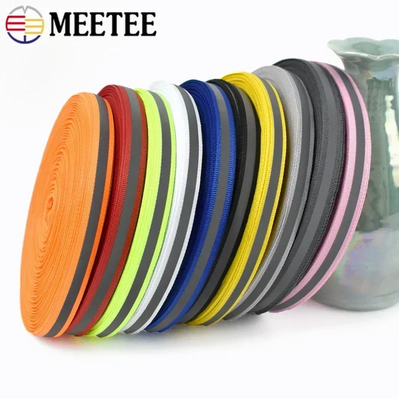 Meetee 50Yards 1cm Nylon Fluorescent Silver Reflective Webbing Ribbon Safe Warning Tape Trims DIY Garment Bag Clothes Material