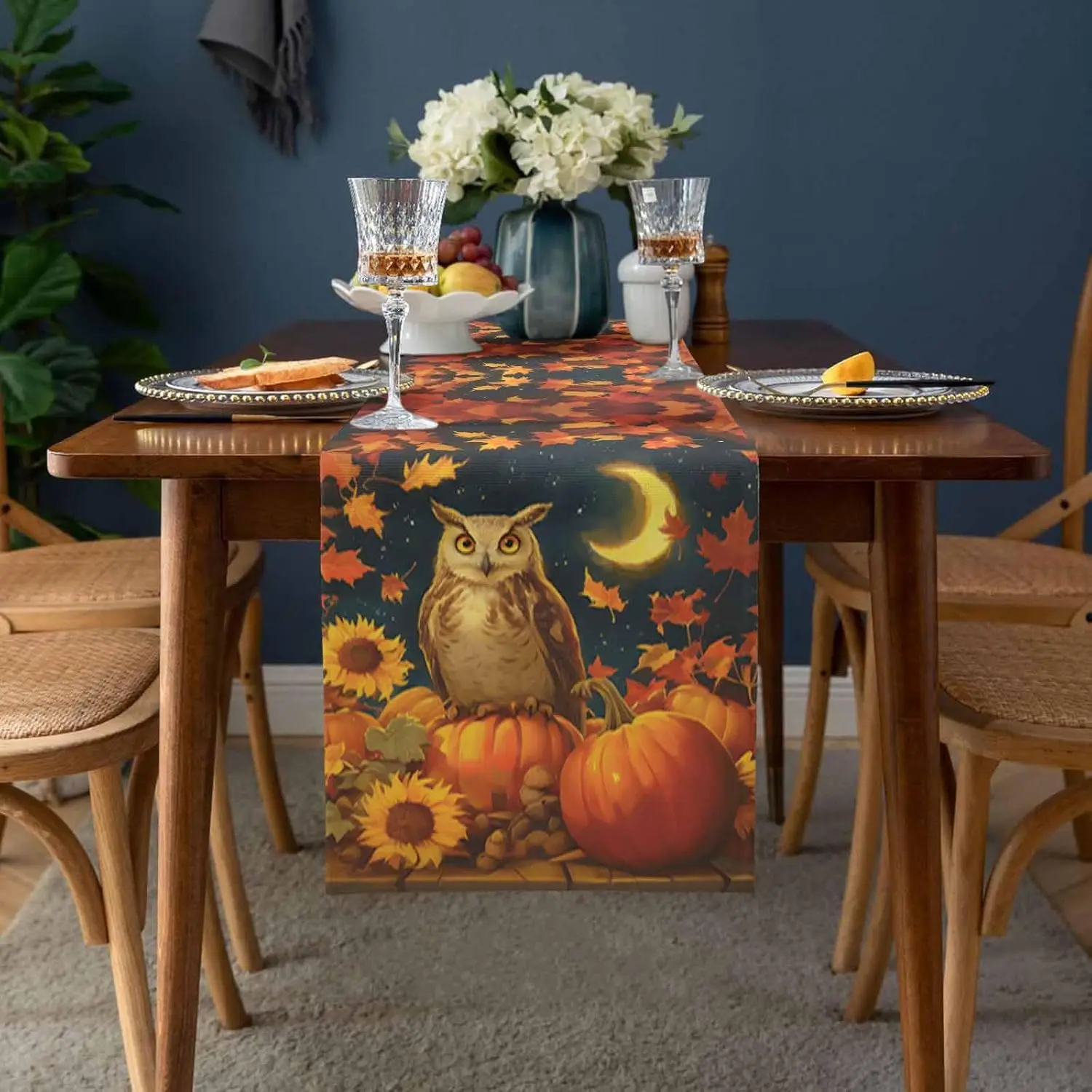 Fall Moon Owl Pumpkins Maple Linen Table Runner Party Decor Washable Kitchen Dining Table Runner Autumn Thanksgiving Decorations