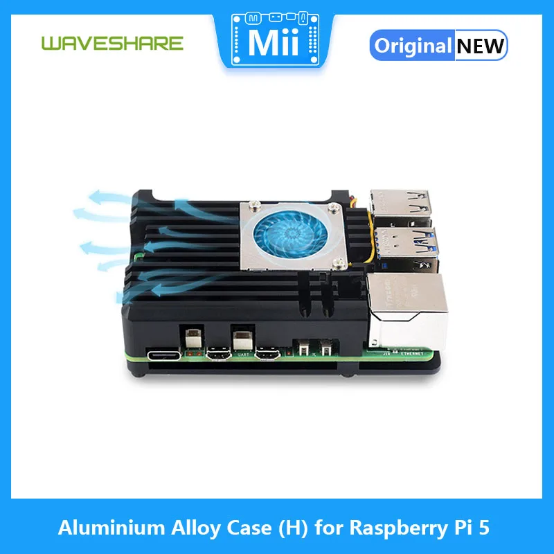 Waveshare Aluminium Alloy Case (H) for Raspberry Pi 5, With Temperature-Controlled Blower Fan for Raspberry Pi 5