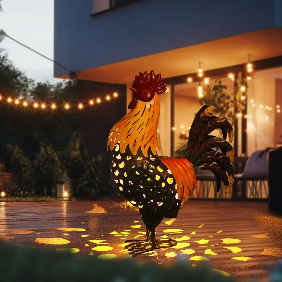 

Metal Chicken Yard Decor 20" Rooster Outdoor Garden Solar Lights Rooster Decorative Statues Outside with Led Light for Landscap