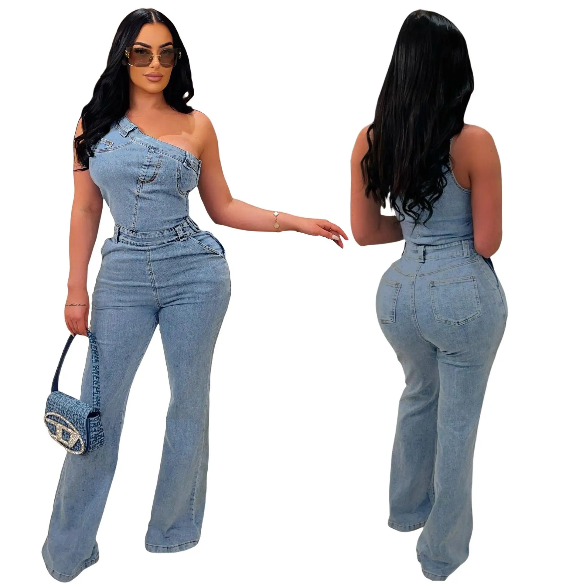 

Slanted oulder Elastic Waist Waed Denim Jumpsuit Long Pants mid Waist Design Comfortable Fit Ladies Faion Spring Collec...
