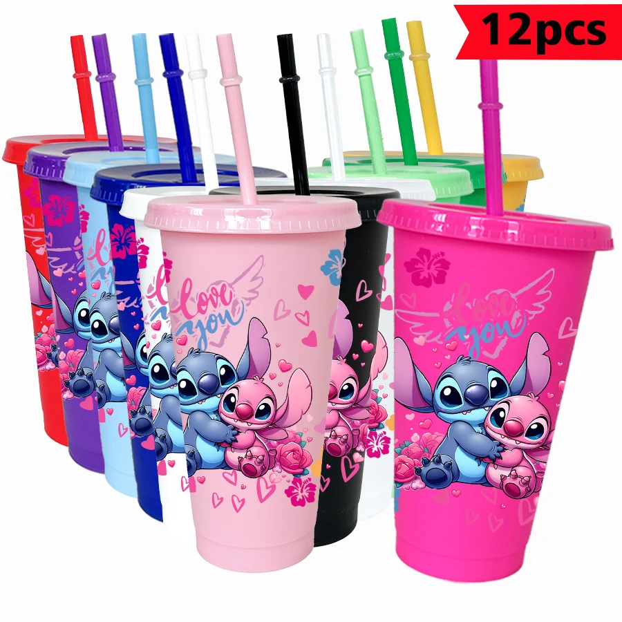

12 шт./упак. Disney Stitch с цветочным принтом, 26 унций, красочный пластиковый стакан, посуда для напитков на день рождения, чашка для сока, кофе