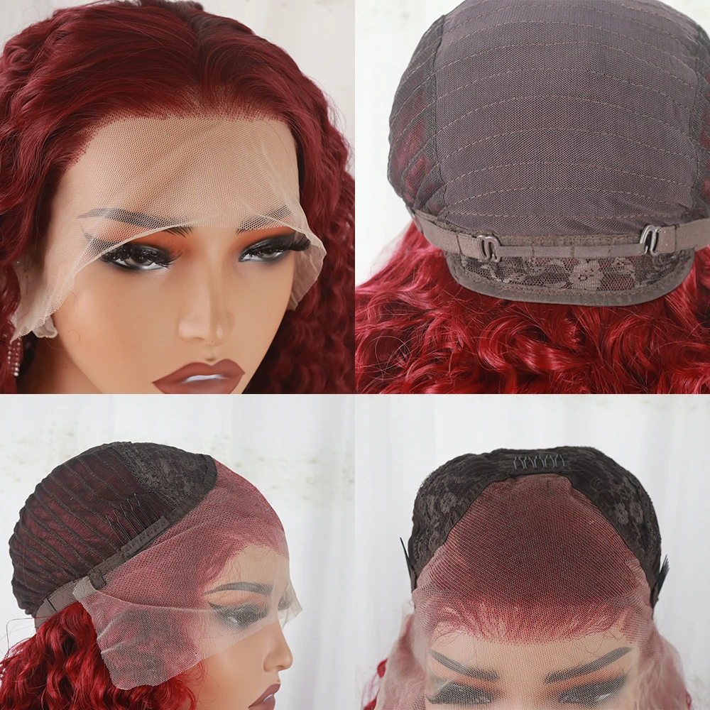 Perruque Lace Front Wig naturelle bouclée, 13*4, Deep Wave, ultraviolet, vin rouge, densité 180, synthétique, élégante, bouclée, réaliste, haute qualité, degré de chaleur